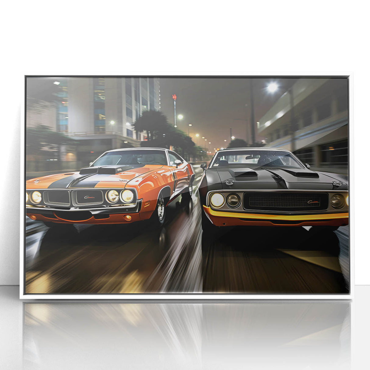 Art deco style poster of a white sports car on a black background, framed acrylic, suitable for modern art wall decor.