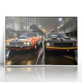 Art deco style poster of a white sports car on a black background, framed acrylic, suitable for modern art wall decor.
