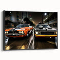 Black and white wall art featuring a side view of a vintage sports car on a framed canvas, suitable for bedroom decor.