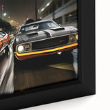 Extra large framed canvas featuring a close-up of a black sports car with colorful, textured art details.