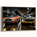 Side view of a vintage sports car in gold on a black background, framed canvas, suitable as wall art for a bedroom.