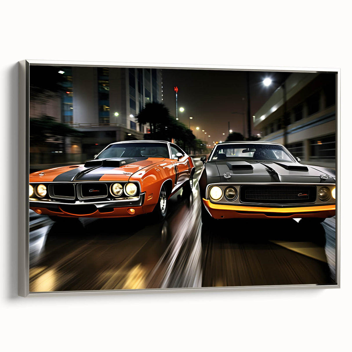 Framed canvas featuring a side view of a vintage sports car in black, ideal for adding a touch of retro style to any room.