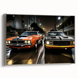 Framed canvas featuring a side view of a vintage sports car in black, ideal for adding a touch of retro style to any room.