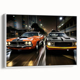 Vintage poster art of a classic car in black and colorful highlights on a large framed canvas, ideal for living room decor.