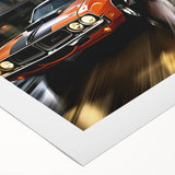 Art deco poster of a vintage red sports car on a rolled canvas, suitable for dining room or bathroom decor.