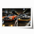 Extra large rolled print of a sports car in vibrant red and black tones, ideal for modern dining room decor.