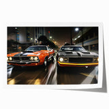 Extra large rolled print of a sports car in vibrant red and black tones, ideal for modern dining room decor.