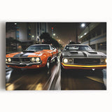 Black and white photo of a sport car on stretched canvas, suitable as large kitchen wall art.