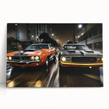 Black and white photo of a sports car on stretched canvas, ideal for kitchen wall art or bedroom decor.