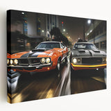 Side view of a red sports car on a stretched canvas, featuring a minimalist design ideal for kitchen wall art.