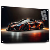 Side view of a red sports car printed on acrylic glass, in vivid red and black tones.