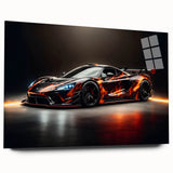 Side view of a red sports car printed on acrylic glass, using bold red and black tones.