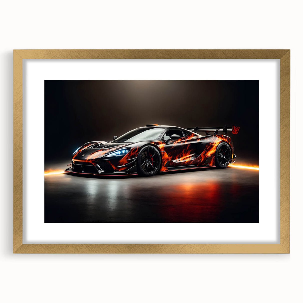 Abstract art print of sports cars in vibrant hues on a textured, extra large canvas, ideal for living room decor.