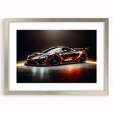 Abstract art print of a silver sports car in textured style on a framed poster, ideal for modern bedroom ambiance.