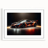 Abstract art print of a sport car in vibrant red and black, framed with a white mat.