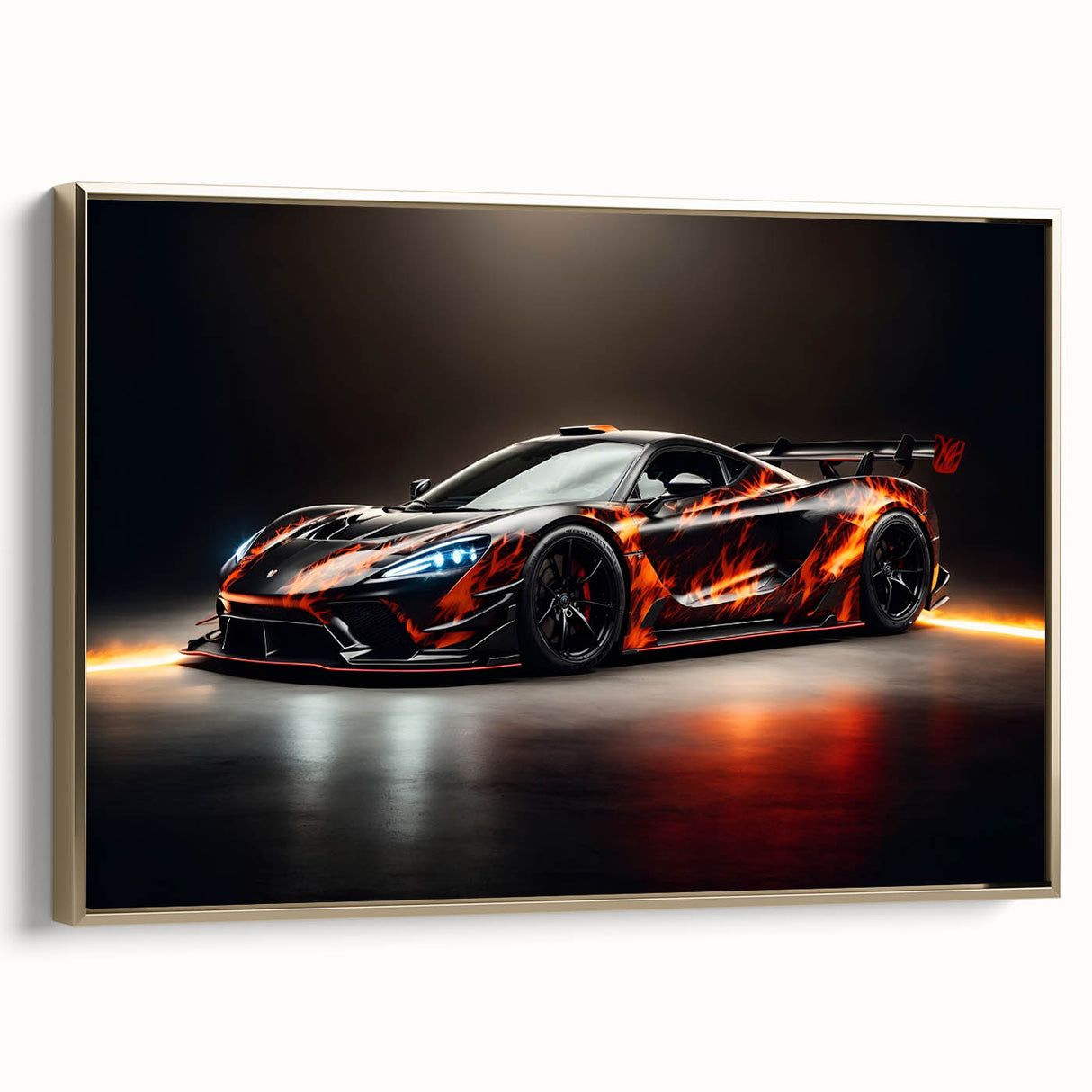 Gold-framed canvas featuring a side view of a vintage sports car in black, ideal for bedroom wall art.