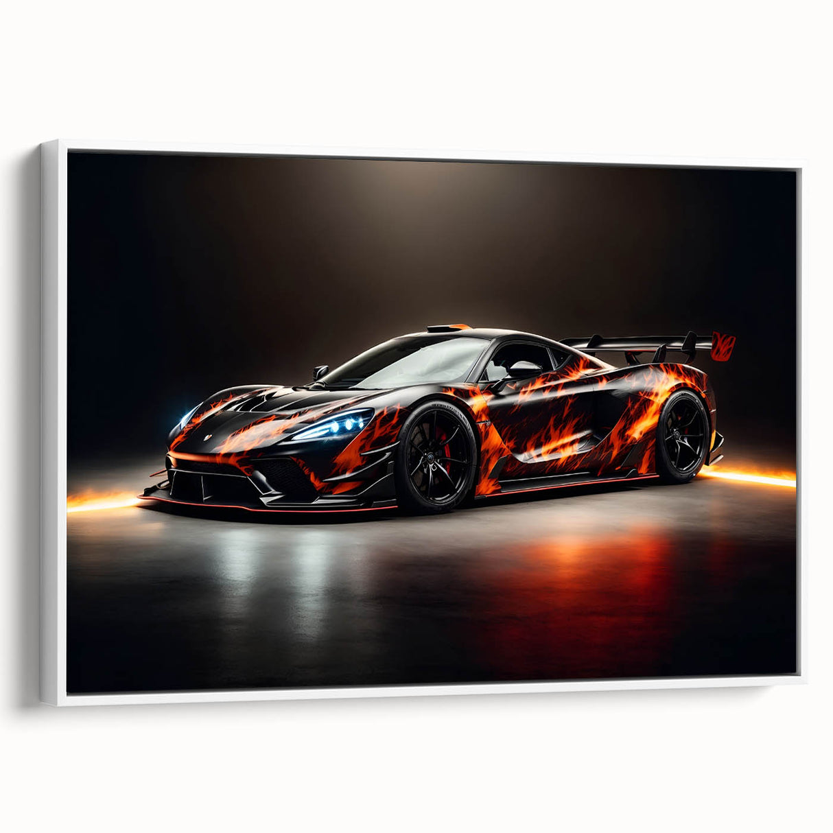 Vintage poster art of a classic car in vibrant colors on a black background, framed canvas, ideal for living room decor.