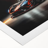Art deco poster of a vintage sports car in monochrome, printed on rolled canvas, suitable for dining room decor.