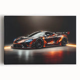 Black and white photo of a vintage sports car on stretched canvas, ideal for kitchen wall art or bedroom decor.