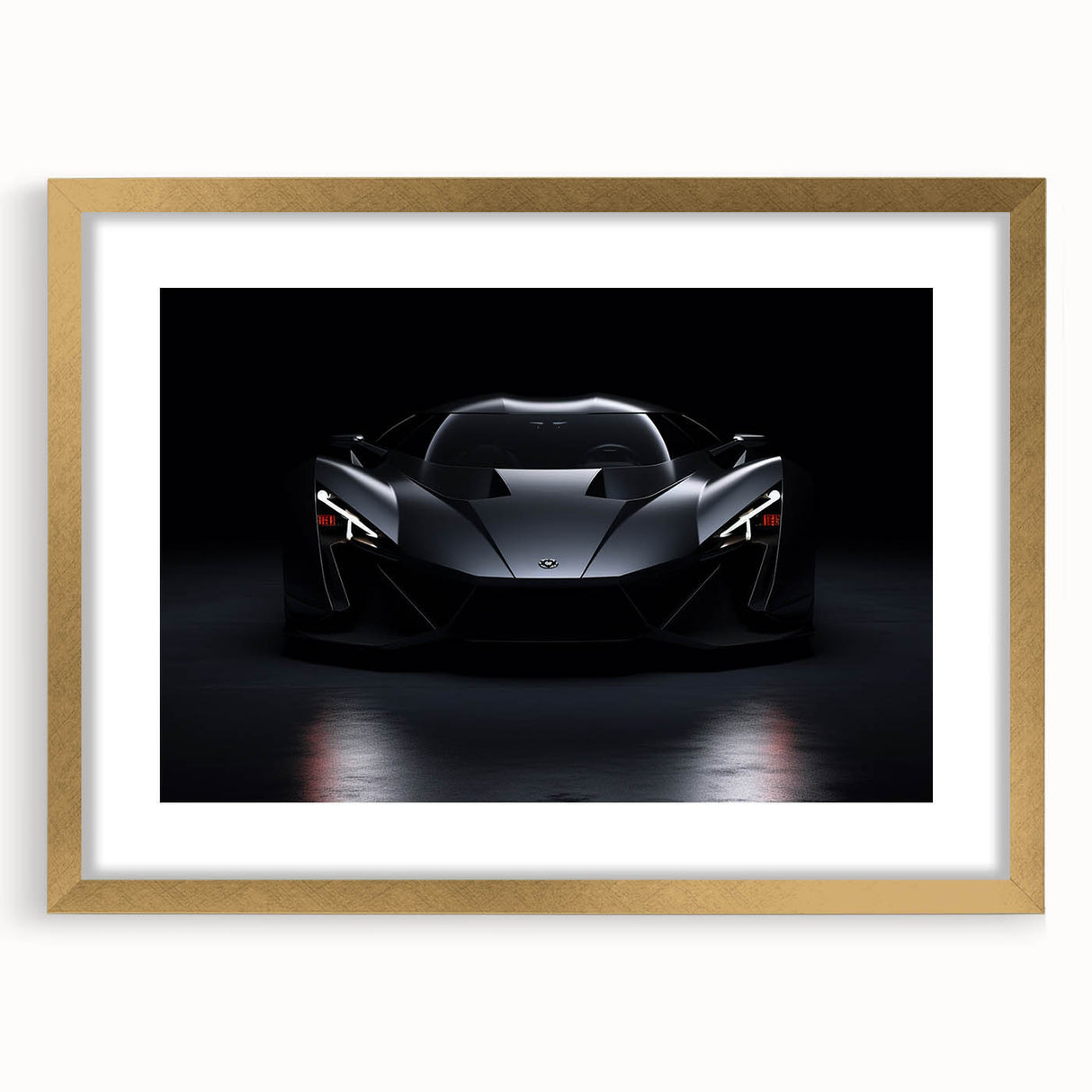 Extra large abstract art print of a sports car in vibrant orange and red tones on a textured canvas.