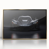 Front view of a gold sports car print on framed acrylic, featuring mid-century modernist style.