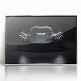 Mid-century modernist art deco sports car in silver and black hues, acrylic framed poster.