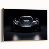 Gold side-view sports car on black background, framed canvas, suitable as wall art for bedroom.