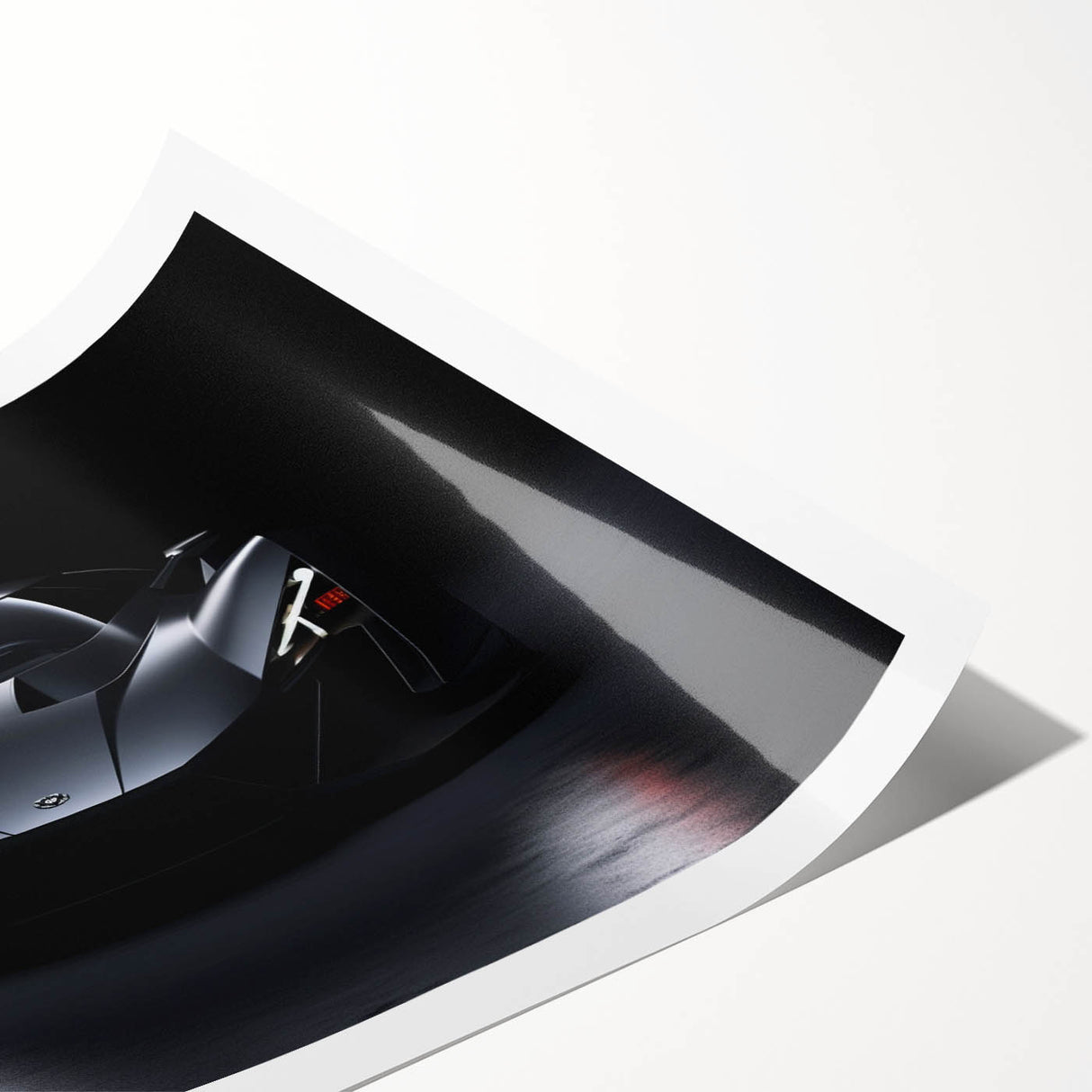 Extra large wall art of a sports car in vibrant red and black tones on a rolled canvas, suitable for large living room decor.