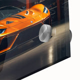 Mid-century modernist acrylic glass print of abstract sport cars in neutral and blue tones, suitable for dining room art.