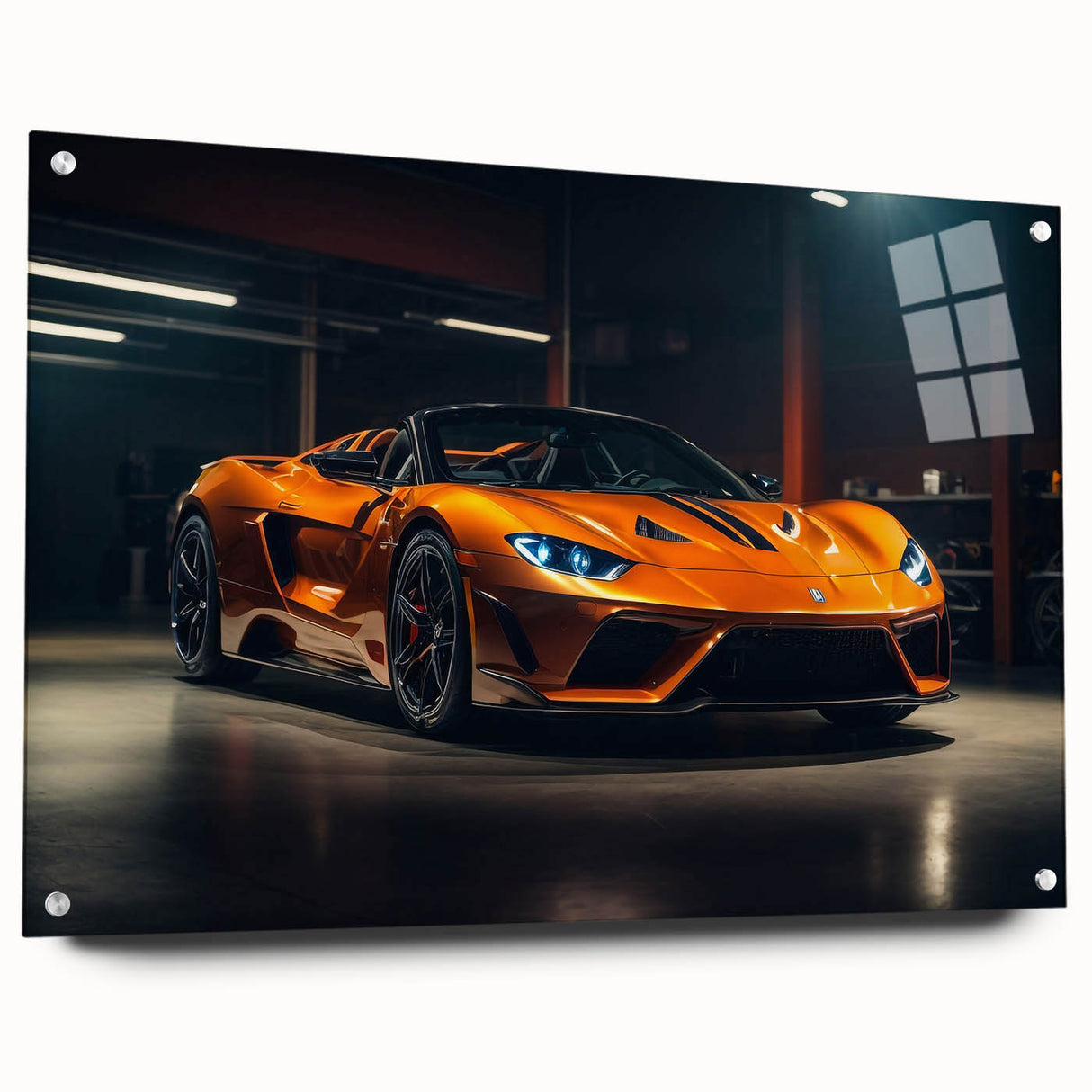 Side view of a red sports car printed on acrylic glass, with a minimalist design.