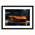 Colorful abstract art print of a sports car in vibrant hues on a large textured canvas, ideal for living room decor.
