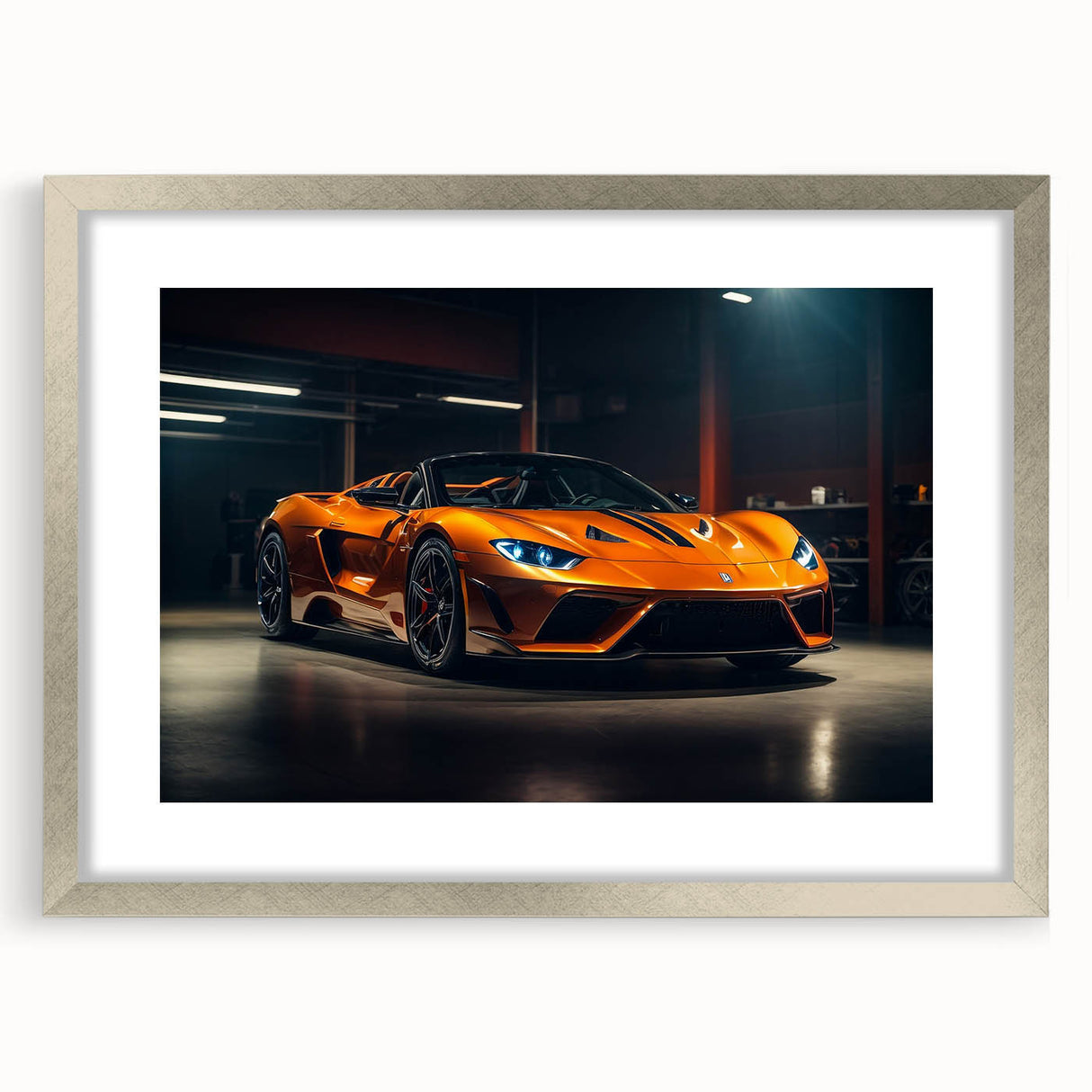 Abstract art print of a silver sports car on textured canvas, in muted metallic tones, suited for modern bedroom decor.