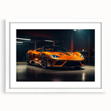 Abstract art print of a stylized sports car in black and white, framed in white.