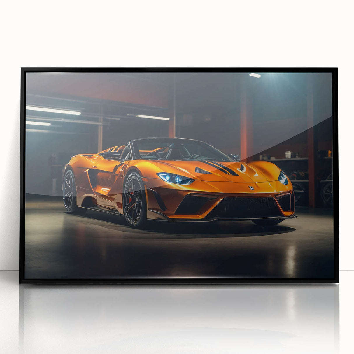 Large abstract wall art featuring a black sports car, presented in mid-century modernist style on a framed acrylic print.