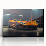Large abstract wall art featuring a black sports car, presented in mid-century modernist style on a framed acrylic print.