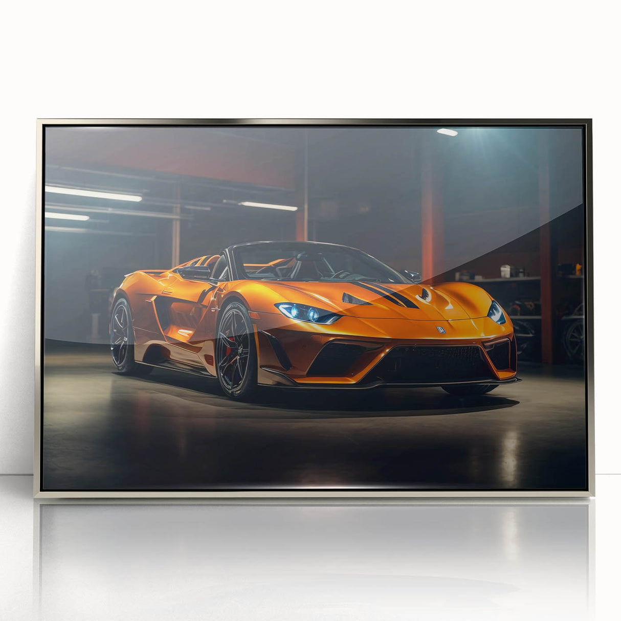 Mid-century modernist art depicting a silver sports car, in vibrant colors on a framed acrylic print.