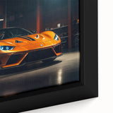 Framed canvas featuring a close-up of a black sports car with vibrant, textured color accents, ideal for living room decor.