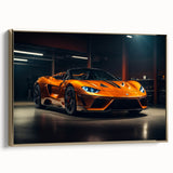 Gold side-view of a vintage sports car on black framed canvas, suitable for bedroom wall art.