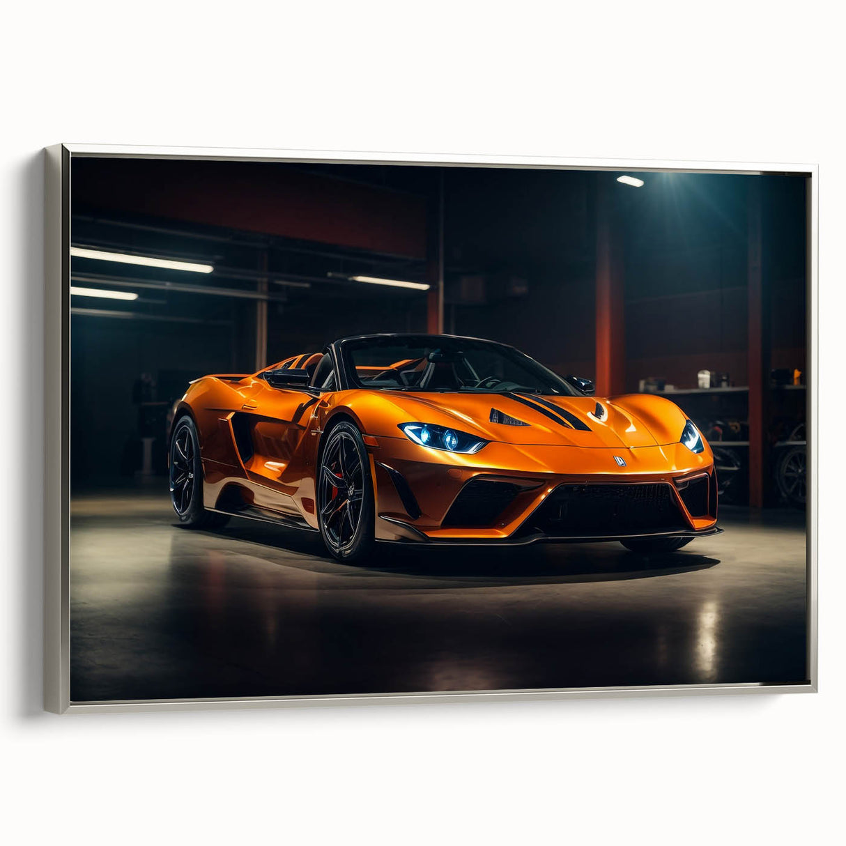 Silver vintage sports car on black background in a silver-framed canvas, ideal for adding character to an office space.