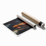 Extra large rolled print featuring a detailed illustration of sports cars in vibrant colors, ideal for modern bathroom decor.