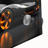 Acrylic print of abstract sports cars in vibrant red and blue tones, ideal for dining room art.