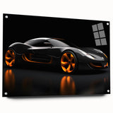 Acrylic print of a side-view sports car in grayscale, ideal for modern bedroom or dining room decor.