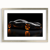 Abstract art print of a sports car in textured gray and silver tones on a framed canvas, ideal for modern bedroom decor.