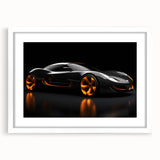 Abstract art print of colorful racing cars on a white framed poster, ideal for bedroom or dining room decor.