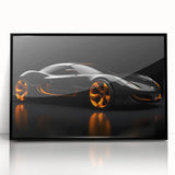Large abstract wall art featuring a black sports car in a mid-century modernist style on a framed acrylic print.