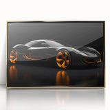 Mid-century modernist style large art print of a gold sports car on framed acrylic, ideal for modern art wall decor.