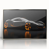 Mid-century modernist art of a silver sports car on acrylic print, framed, in muted metallic tones.