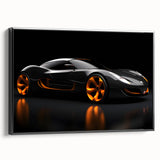 Black and white photo of a vintage sports car on framed canvas, ideal for bedroom wall decor.