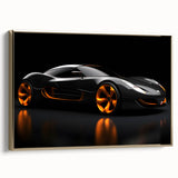 Gold-framed canvas featuring a side view of a vintage sports car in black, ideal for bedroom wall art.