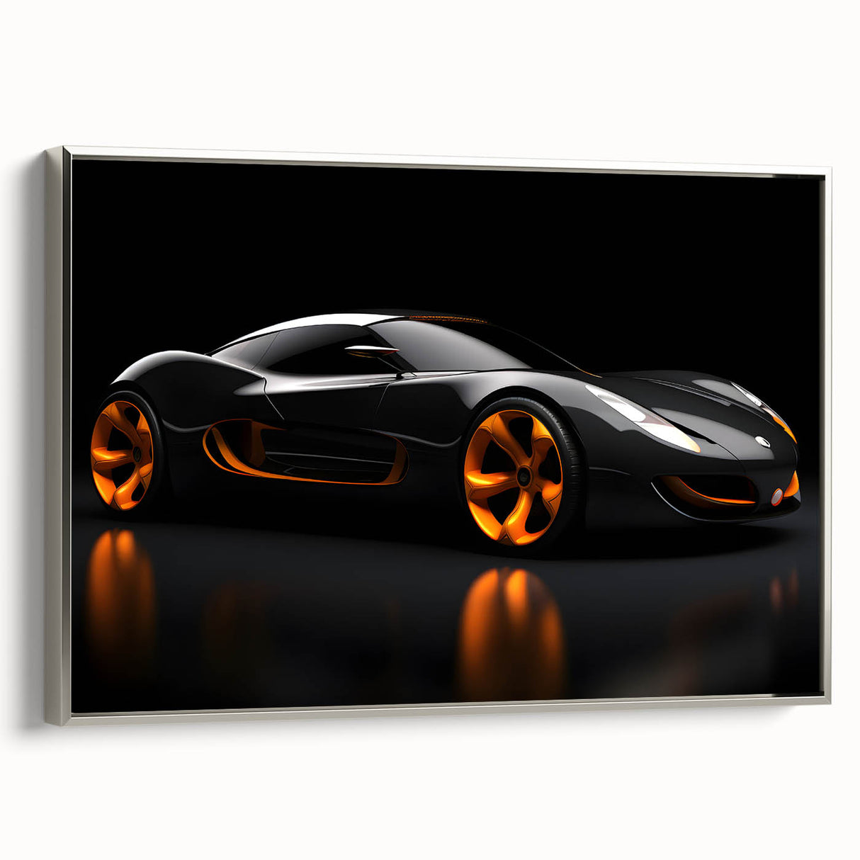 Side view of a classic car in black and silver on a framed canvas, ideal for a vintage-themed office.